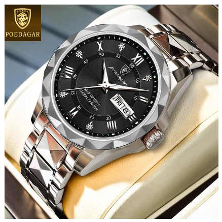 POEDAGAR business watch for men water proof original fashion luxury tungsten steel calendar luminous display prismatic diamond dial Watch SILVER BLACK