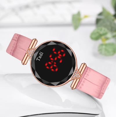 Touch Screen LED Watch Bamboo Grain Leather Strap Electronic Digital Wristwatches