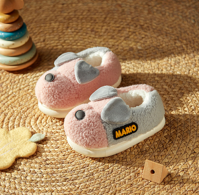 Cheerful Mario Cartoon Puppy Children's Cotton Slippers Boys Winter Indoor Bag with Non-Slip Boy Furry Home Baby Fur Slippers