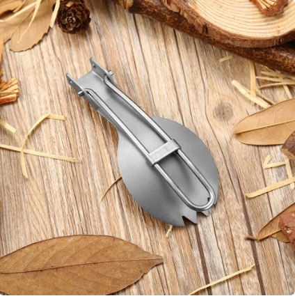 Portable and Lightweight Pure Titanium Folding with Toothed Round Spoon Outdoor Camping Picnic Hiking Backpack Tableware