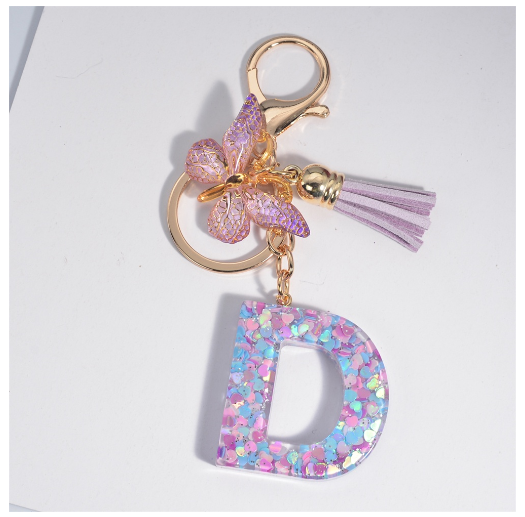 Sweet Heart Sequin Filled A-Z Letter Keychains With Tassel Fashion Butterfly 26 Alphabet Keyring Car Keyholder Birthday Gifts D