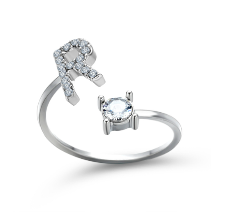 Silver A-Z Letters Ring for Women Cubic Zirconia Initial Letter Ring Fashion Jewelry Gift Adjustable R