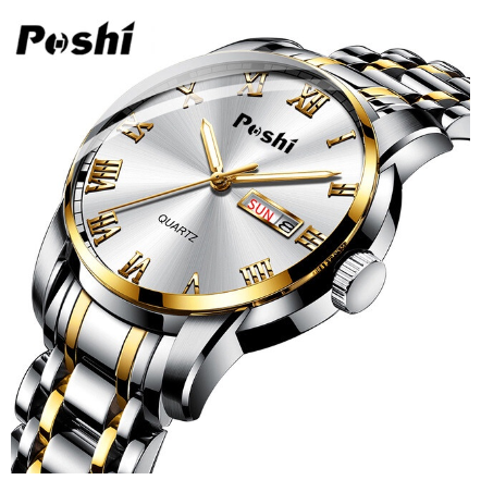 POSHI Original Men Wristwatch Automatic Week Calendar Waterproof Luxury Quartz Watch SILVER GOLD WHITE