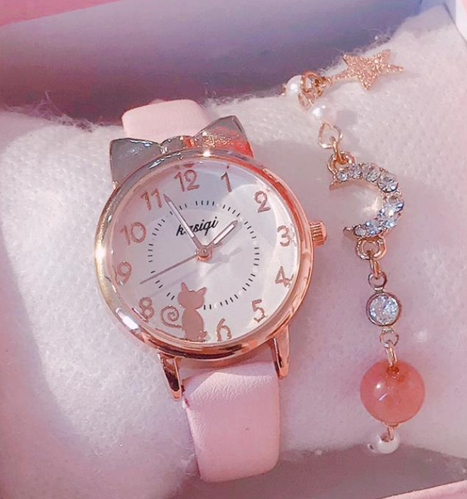2PCS/SET Girls Watch & Bracelet Valentine’s Day Gift Watch Luminous Quartz