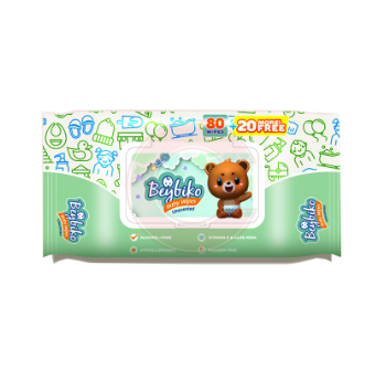 Beybiko Baby Wipes Unscented 80 sheets + 20 sheets free  100's