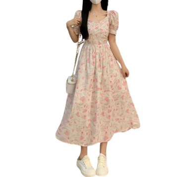 Lovito Casual Ditsy Floral Draped Pleated Puff Sleeve Dress for Women LNA16048 (Pink)