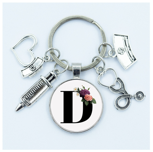 1Pcs Creative Stethoscope Syringe 26 Letter Keychains Nurse Cap Initials Metal Keyrings Bag Ornaments Charms Gifts Souvenir D