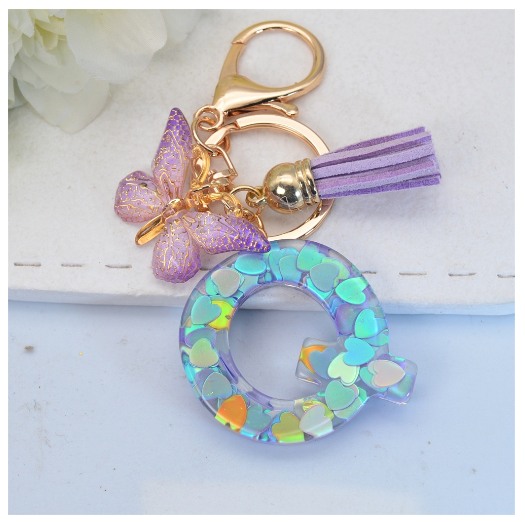 Sparkling 26 Letter Keychain With Butterfly Pendant Exquisite Heart Sequin Filled A-Z Initials Keyrings Bag Pendant Charms Gifts Q