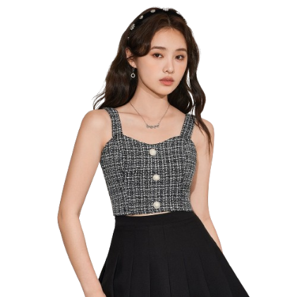 Lovito Casual Plaid Button front Texture Elegant Tweed Women Tank Top & Cami L45AD030(Black)