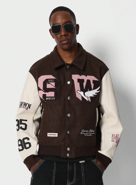 SUMWON Color Block Varsity Jacket With Graphic Print