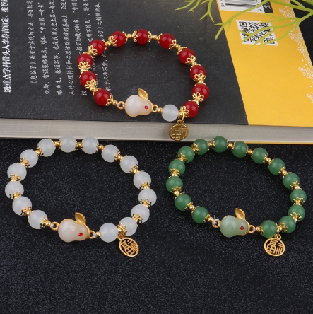 24K 2023 Lucky Rabbit Beaded Bracelet Agate Jade Charms Blessing Sign for Women Girls Jewelry Gift