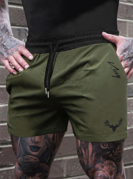 Manfinity Homme Loose Fit Men's Letter Graphic Drawstring Waist Jogger Shorts Plain Army Green