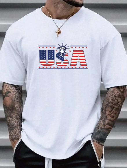 Men Casual American And Letter Print Short Sleeve Tee For Summer