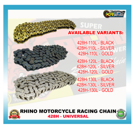 Rhino Motorcycle Chain For 100cc-200cc Motorcycles, 428H-110L, 428H-120L, 428H-130L, Chains & Gears