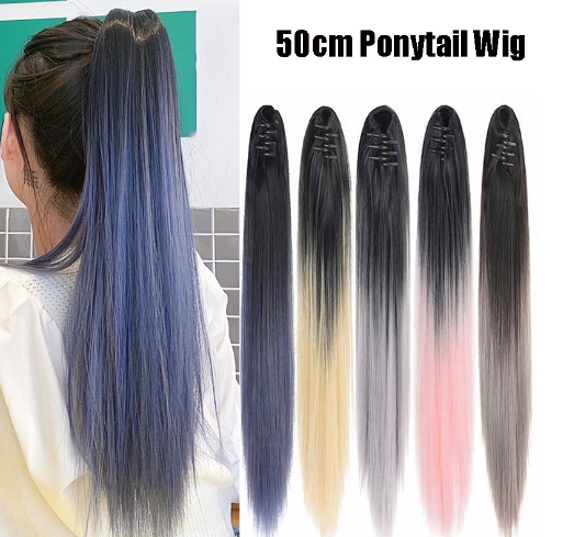 50CM Long Straight Dyed Wig Women Gradient Color Hair Wig Claw Clip Ponytail Hair Extensions