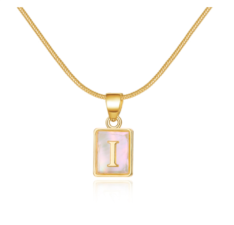 18K Gold 26 Letter Square Pearl Shell Pendant Snake Bone Chain Glow Necklace English Letter Pendant Necklace Gold Shiny I