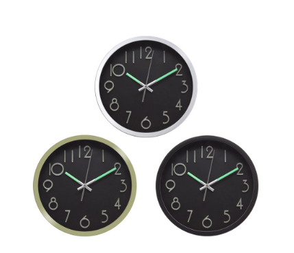 Luminous Nordic Wall Clock 10" Inches Round Glow Dark Numbers Analog for Home