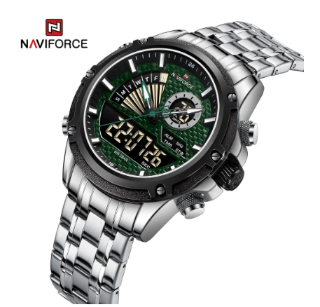 Naviforce NF9205 Men Luxury Top Brand LED Waterproof Full Steel Quartz Digital Military Watch GREEN SILVER