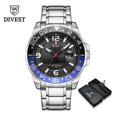 DIVEST Brand Men's Watches Fashion Waterproof Casual Sport Business Original Men Watch Quartz Calendar Luminous 9029 SILVER BLACK