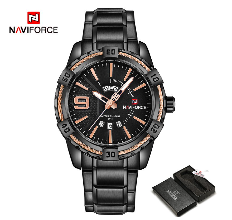 Naviforce NF9117 Men Original Brand Stainless Steel Fashion Sport Full Steel Quartz Waterproof Gold With Original Box Watch BLACK GOLD