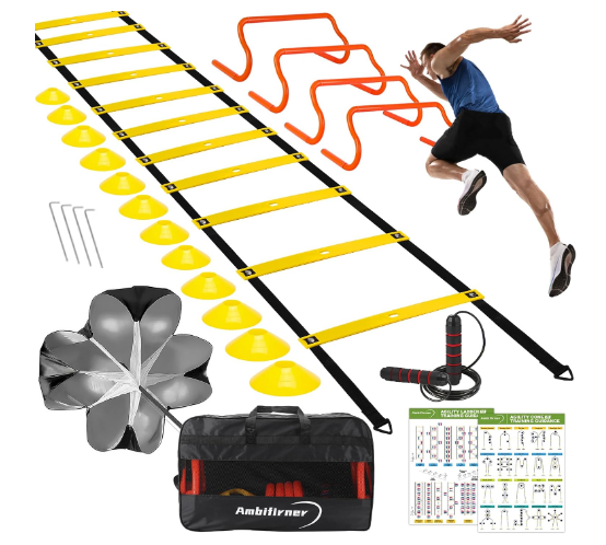 Agility Ladder Training Equipment Set - Agility Ladder(12 Rungs/20ft), 4 Speed Hurdles, 12 Training Cones, Jump Rope, Parachute for Speed/Soccer/Football Training with Carry Bag