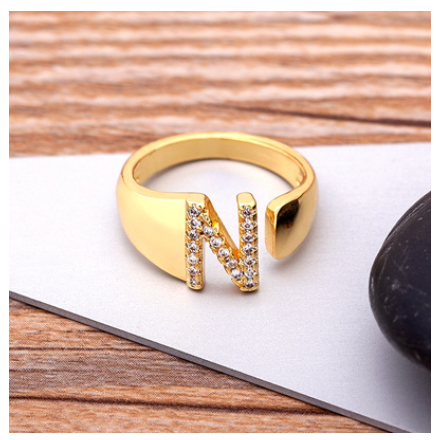 Fashion Chunky Wide Hollow A-Z Letter Gold Color Opening Ring Initials Name Alphabet Female Jewelry N