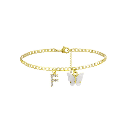 Fation Dainty Butterfly Initial Ankle Bracelets Handmade Cuban Chain White Butterfly A-Z Alphabet Letter Initial Anklets Summer Beach F