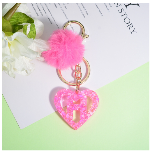 Pink Heart A-Z 26 Initials Keychain With Furball Fashion Letter Resin Keyring For Women Bag Ornaments Car Key Accessories Gifts M