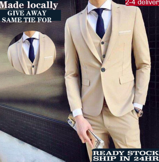 Local Delivery Cotton 3 Piece Set Apricot Men Business Suit Formal Suits Wedding Suits Wo