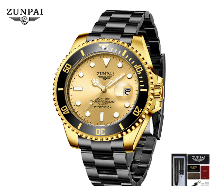 ZUNPAI Watch for Men Original Waterproof Stainless Steel Silver Gold Fashion Business Trend Calendar Luminous Watch  GOLDEN BLACK