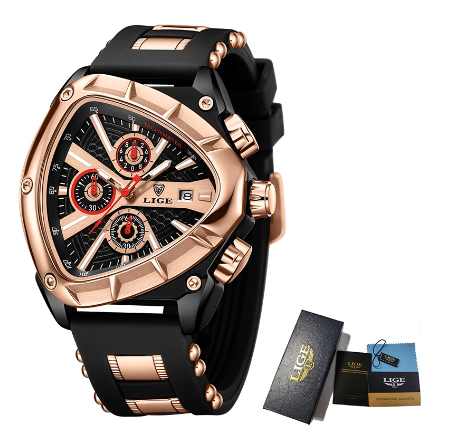 LIGE Official Relo Male Business Quartz Watches Silicone Strap Sport Chronograph Wristwatch Waterproof Luminous Triangle Watches ROSEGOLD BLACK