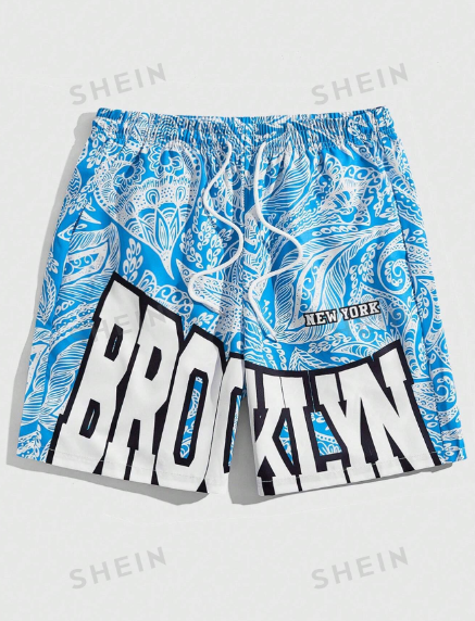 ROMWE Street Life Men's Summer Drawstring Waist & Letter Print Shorts