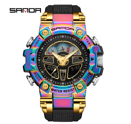 Sanda Creative Metal Dial Multifunctional Sports Waterproof Men's Watch Luxury Quartz Luminous Swim Watch MAGIC GOLD