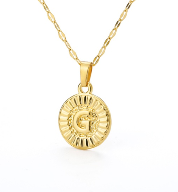 Maxzone A-Z Initial Round Letter Pendant Necklace For Women Stainless Steel Gold Choker Coin Letter Necklace G