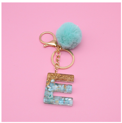 Cute Keyring Green Pompom Fur Ball 26 Letter Keychain Resin Key Chains Handbag Charms For Woman Ornaments Accessories Gift E