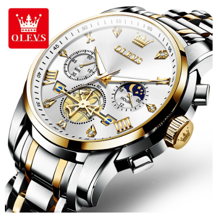 Olevs Watch For Men Waterproof Original Quartz Luminous Stainless Steel Multifunctional Watch WHITE DIAL TWO TONE