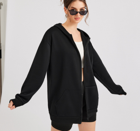 Super Warm Casual Plain Patch Pockets Jacket with Hat Coat (Black)