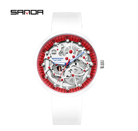 SANDA Trendy Energetic Fashionable Simple Luxurious Drop Resistant Waterproof Stone Rock Watch WHITE RED