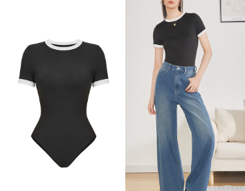 Women Contrast Binding Basic Bodysuit L62ED069 Black