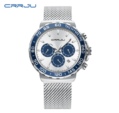 CRRJU Mens Watches Stainless Steel Waterproof Analog Quartz Fashion Business Multifunction Timing Auto Date 2300 X BLUE