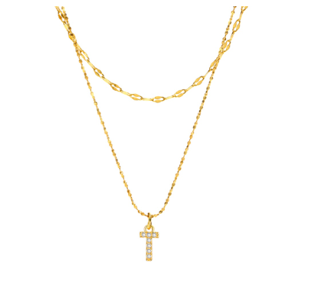 Vnox Double Layered Letter Initial Pendant Necklace,Gold Plated Shiny Zircon Alphabet Charm Necklace for Women T
