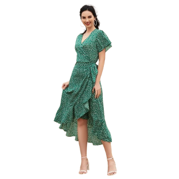 Lovito Boho Floral Print Split Deep V Neck Lace Up Long Dress for Woman L12014 (Green)