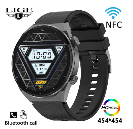 Original LIGE NFC Access Control Smart Watch AMOLED 454*454 IPW8 WaterProof SmartWatch Men Bluetooth Calling Sports Watch  BLACK