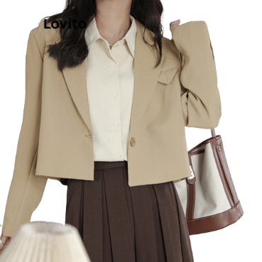 Lovito Women Casual Plain Button Blazer L76AD088 (Khaki)