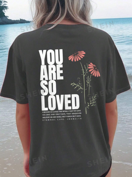 SHEIN EZwear Floral Graphic With Letter Print Round Neck Short Sleeve Casual Tee