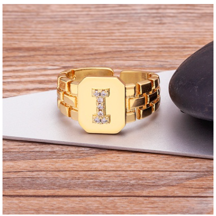 New Arrival Fashion Gold Color Initial Ring Open Design Adjustable Hot Sale A-Z Letters Zircon Rings For Women I