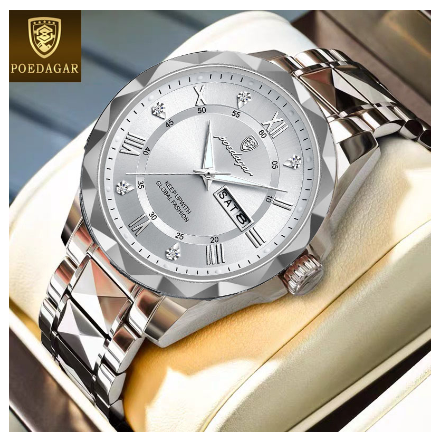 POEDAGAR business watch for men water proof original fashion luxury tungsten steel calendar luminous display prismatic diamond dial Watch SILVER