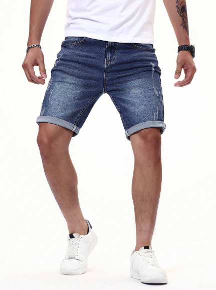 Manfinity Men Ripped Roll Hem Denim Shorts Jorts Plain Navy Blue Vacation Vintage Friends