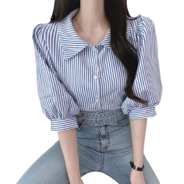 Lovito Elegant Striped Button Puff Sleeve Collar Short Sleeves Blouses for Women LNL03029 (Blue/Black)