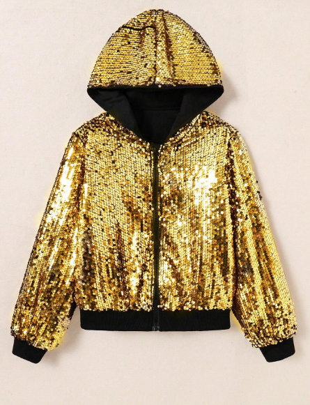 Girls (Large) Gold Sequin Hooded Shiny Lightweight Jacket, Spring Autumn